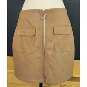 Faux Leather Skirt Large Taupe Mini Front Pocket W-31in Hips-41in L-17in NWT